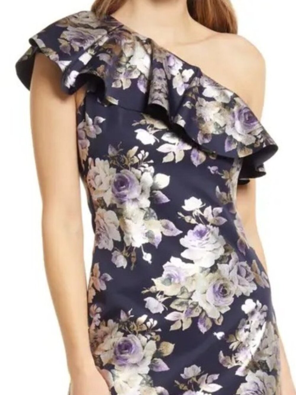Eliza J Dress, Floral One-shoulder Navy-Blue, Size 12, NWT